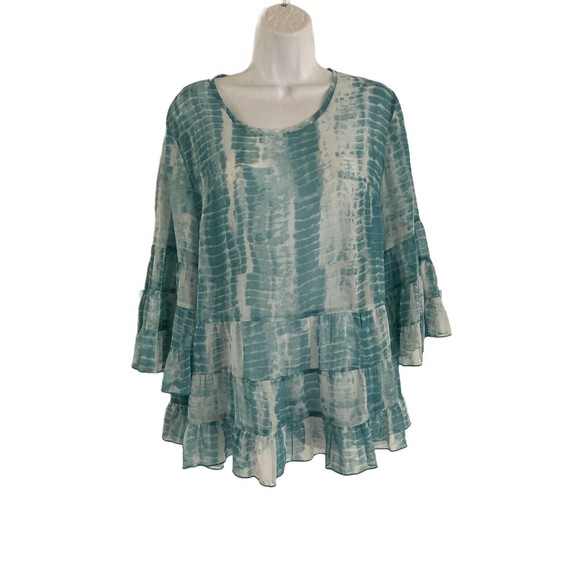 LOGO by Lori Goldstein Chiffon Blouse Womens Size S Agua Peasant Boho Sheer Top - Picture 2 of 9